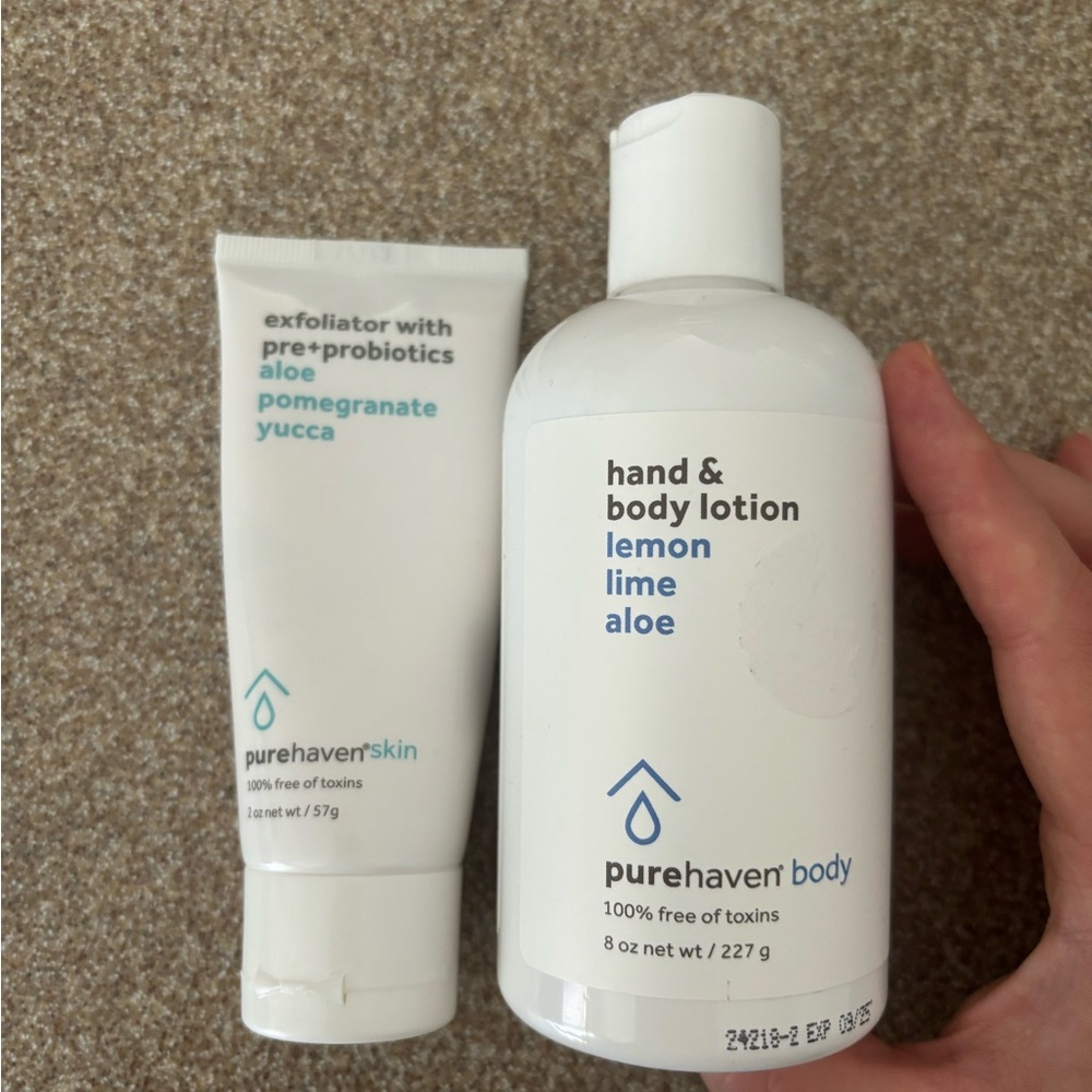 Pure Haven facial exfoliator and body lotion